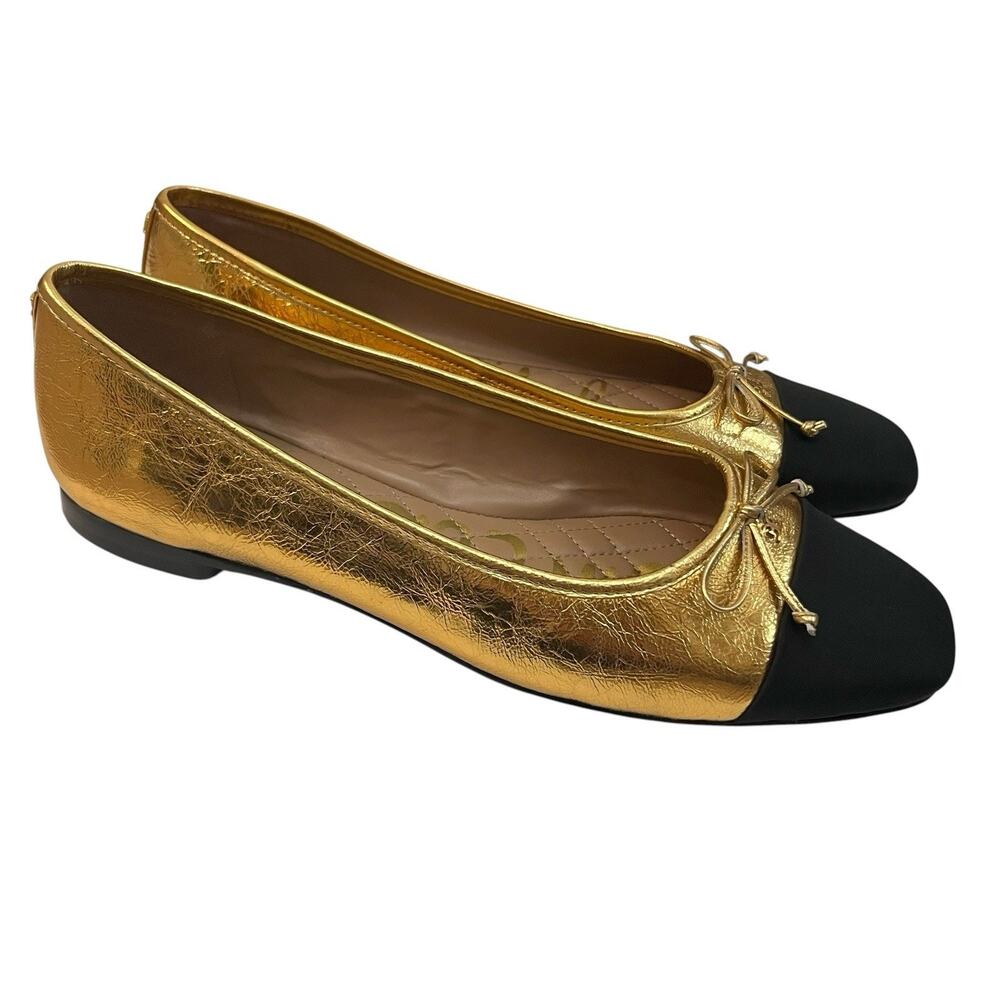 Sam Edelman Marley Ballet Flats 9.5M Gold Black Cap Toe Preppy Classic Bow